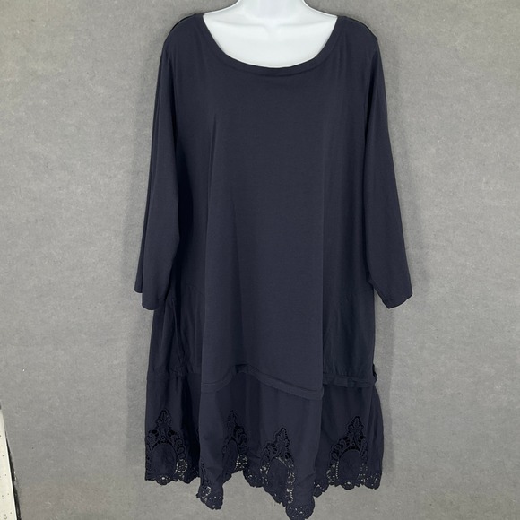 LOGO Lori Goldstein Sz 4X Navy Blue Lace Trim Layered Stretchy 3/4 Sleeve Dress - Picture 1 of 14